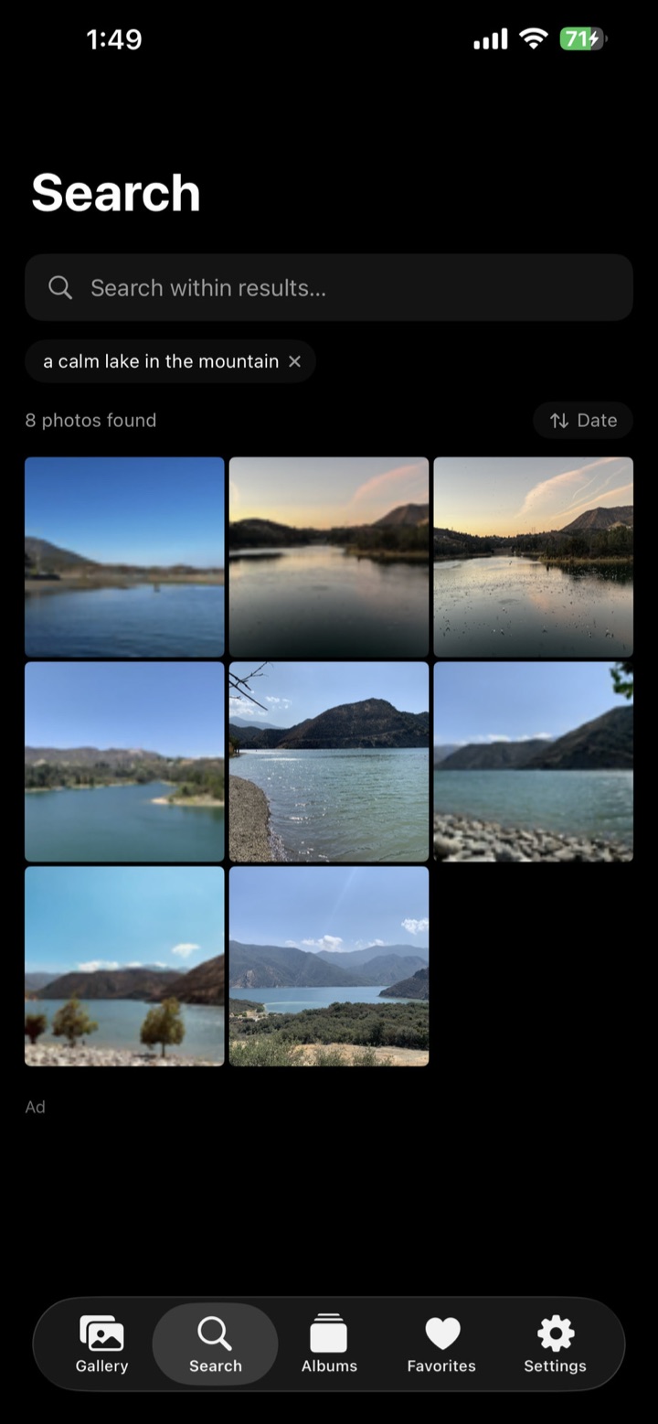 Photalk natural-language search results for “a calm lake in the mountains”